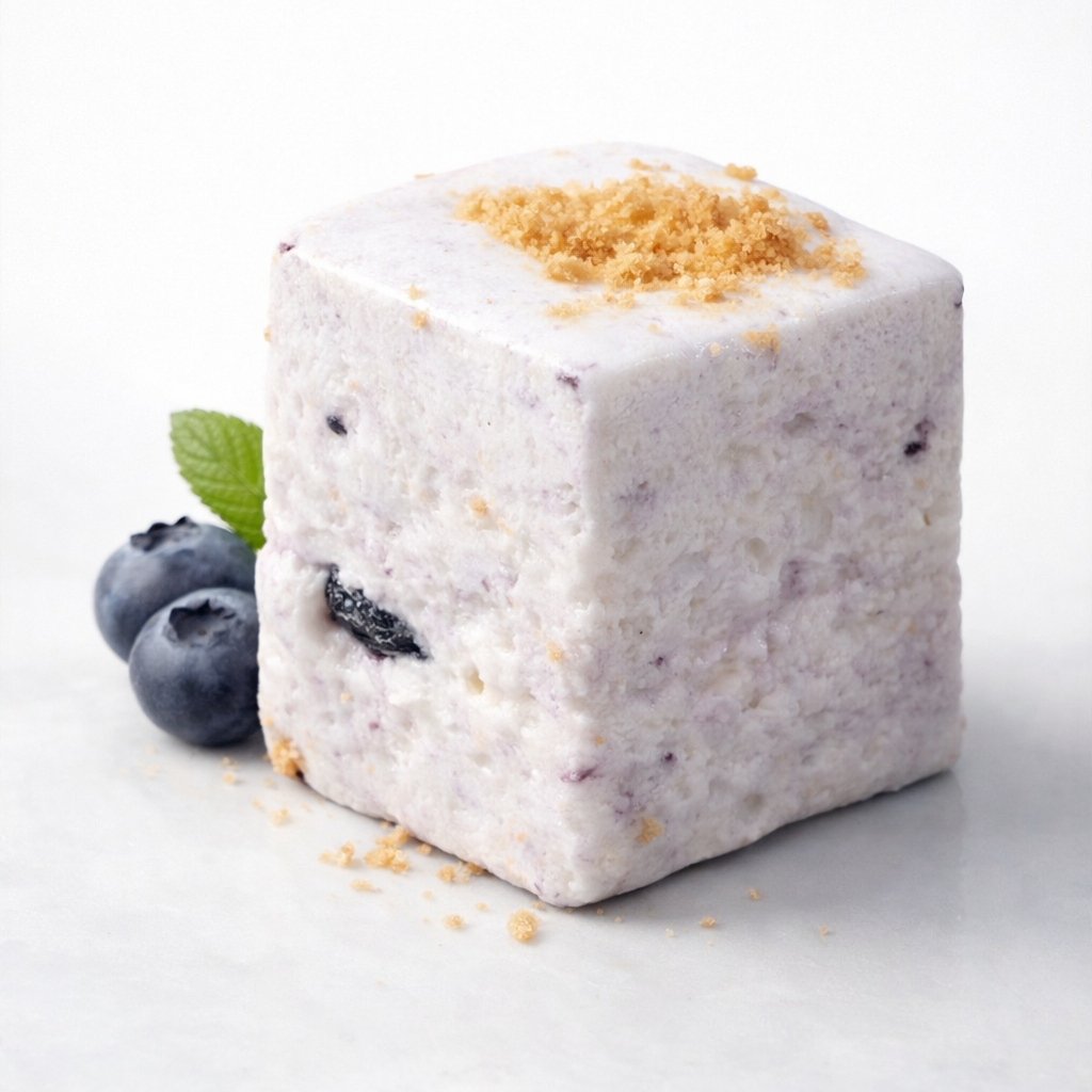 Blueberry cheesecake marshmallow with blueberries on a white background