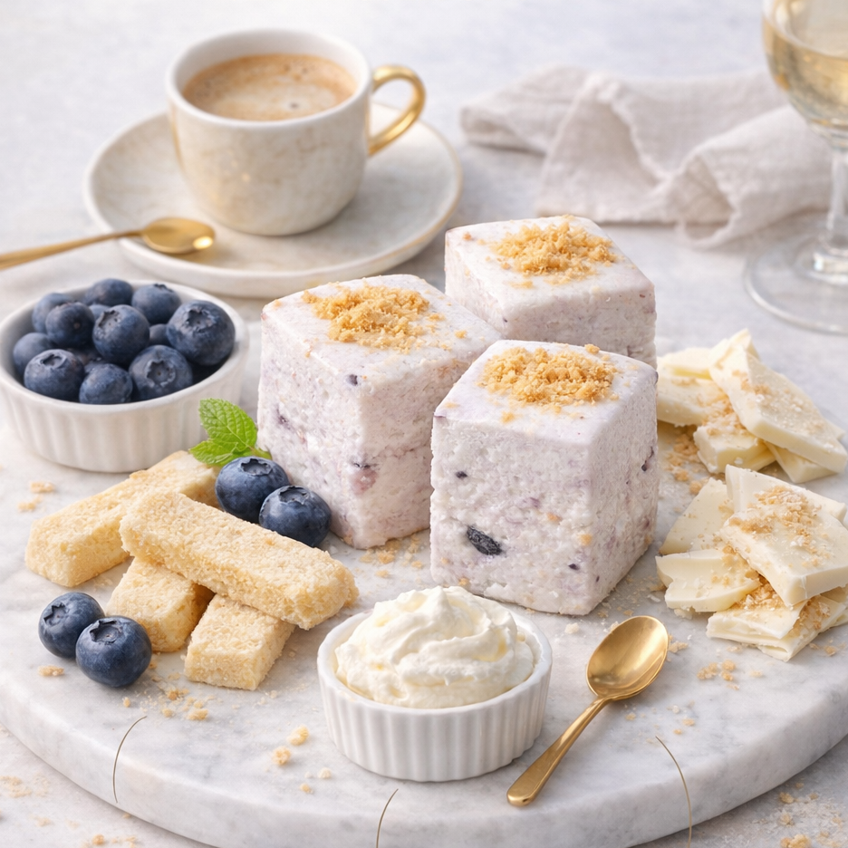Blueberry cheesecake marshmallows with fresh blueberries, shortbread fingers, and white chocolate on a marble board.