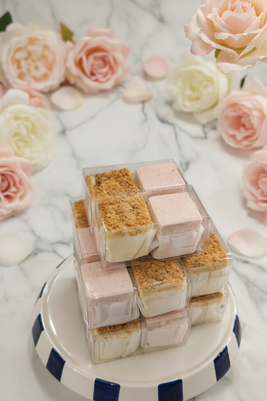 Stack of small square marshmallows in clear packaging on a white plate with a blurred background.