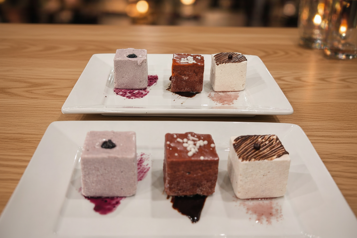 Three square desserts on white plates with a blurred background